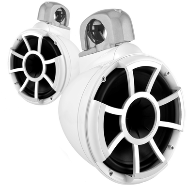 REV 10 W-FC SA V2 | Revolution Series 10" White Tower Speakers With Silver Aluminum Fixed Clamps For Tube Diameter 1 7/8” To 3”