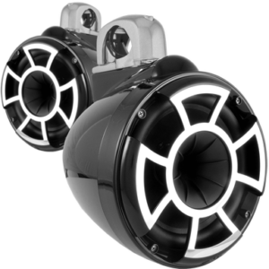 REV 8 B-FC SA V2 | Revolution Series 8" Black Tower Speakers With Silver Aluminum Fixed Clamps For Tube Diameter 1 7/8” To 3”