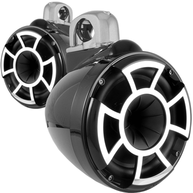 REV 8 B-FC SA V2 | Revolution Series 8" Black Tower Speakers With Silver Aluminum Fixed Clamps For Tube Diameter 1 7/8” To 3”