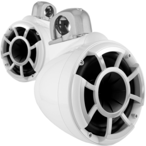 REV 8 W-FC SA V2 | Wet Sounds Revolution Series 8" White Tower Speakers With Silver Aluminum Fixed Clamps For Tube Diameter 1 7/8” To 3”
