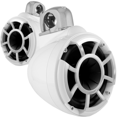 REV 8 W-FC SA V2 | Wet Sounds Revolution Series 8" White Tower Speakers With Silver Aluminum Fixed Clamps For Tube Diameter 1 7/8” To 3”