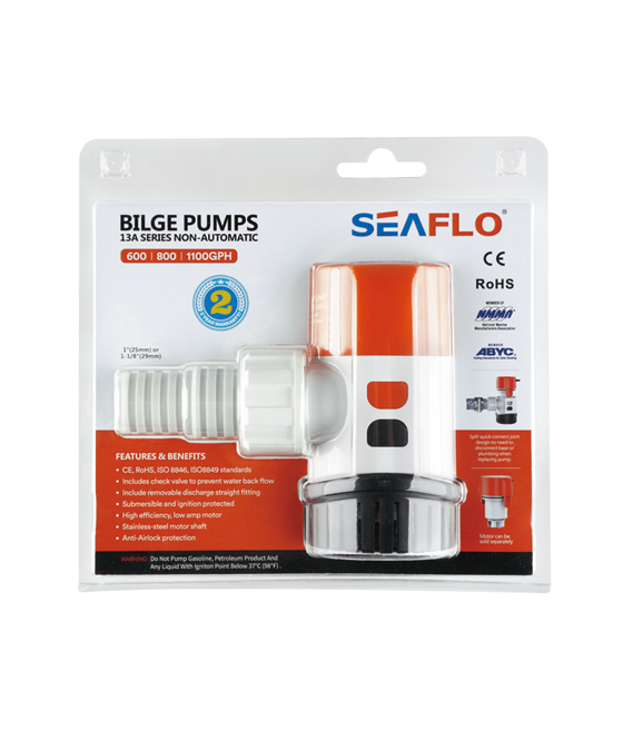 1-221222162Z93B Model -SFBP1-G600-13A-13 Series 12V 600GPH Seaflo Non-Automatic Bilge Pumps