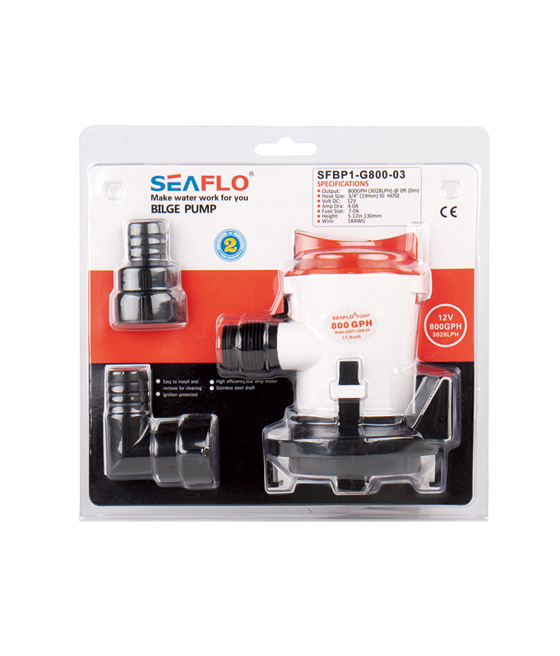 Model -SFBP1-G800-03-03 Series 12V 800GPH Seaflo Bilge Pump/Side Mounting Strainer Base