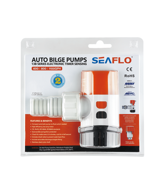 Model -SFBP1-G800-13B-13 Series 12V 800GPH Seaflo Electronic Sensing Automatic Bilge Pump